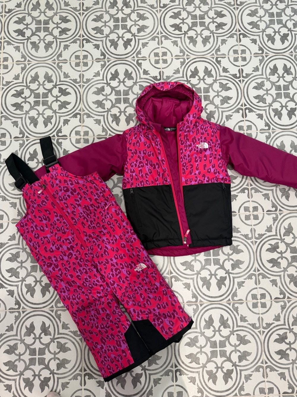 The North Face Pink Leopard Print Hooded Ski Jacket & Bibs